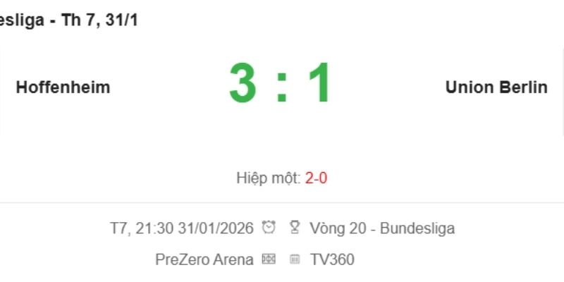 Kết quả bóng đá Hoffenheim vs Union Berlin ngày 31/01/2026 qua số liệu