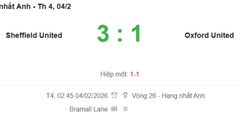 Kết Quả Bóng Đá Sheffield Utd Vs Oxford Utd Ngày 04/02/2026 là 3-1
